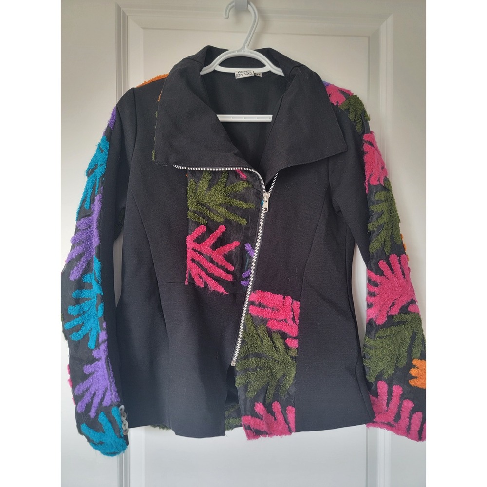 Parsley & Sage Silk Blend Asymmetric Zip Jacket Black Floral Embroidery Medium